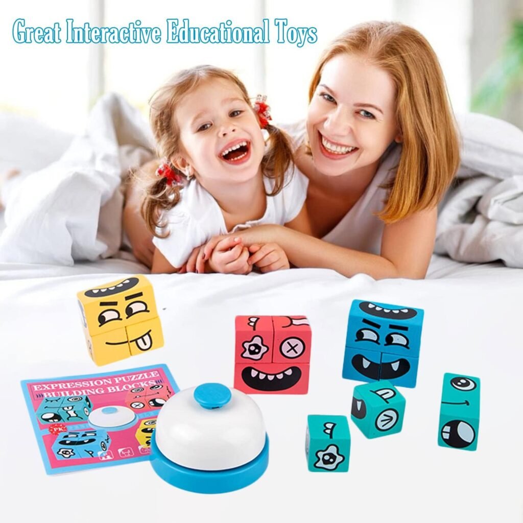 Wooden Face Changing Magic Cube Game, Expression Puzzle Building Blocks Pattern Matching Game, Educational Puzzles Toy Board Games for Kids and Adults with Bell