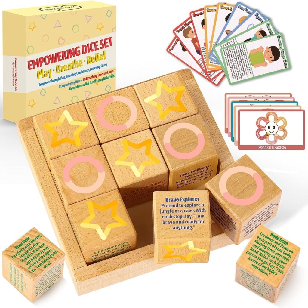 Mindfulness Game for Kids - Tic Tac Toe - Affirmations Cubes - W/20 Breathing Exercise Cards, Calm Down Corner Supplies for Kids Calm  Focus, Counselor Therapy Games